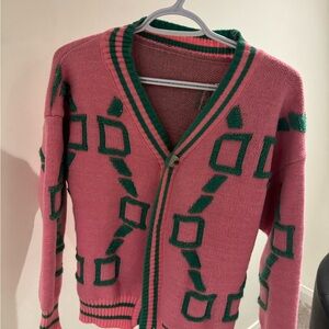 Pink and Green Patterned V-Neck Cardigan Sweater